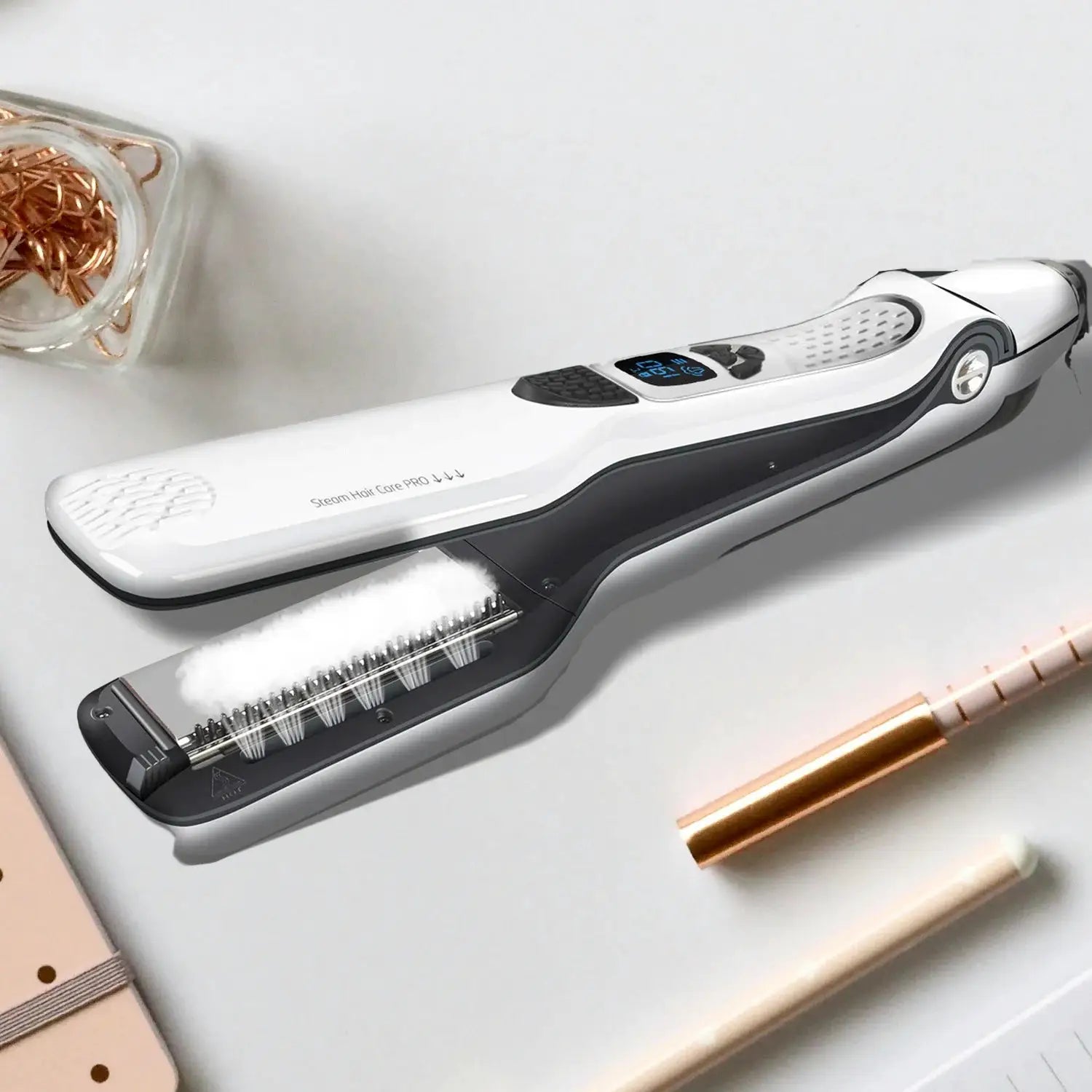 Simples Market steam hair straightener with dual-voltage titanium plates and digital display