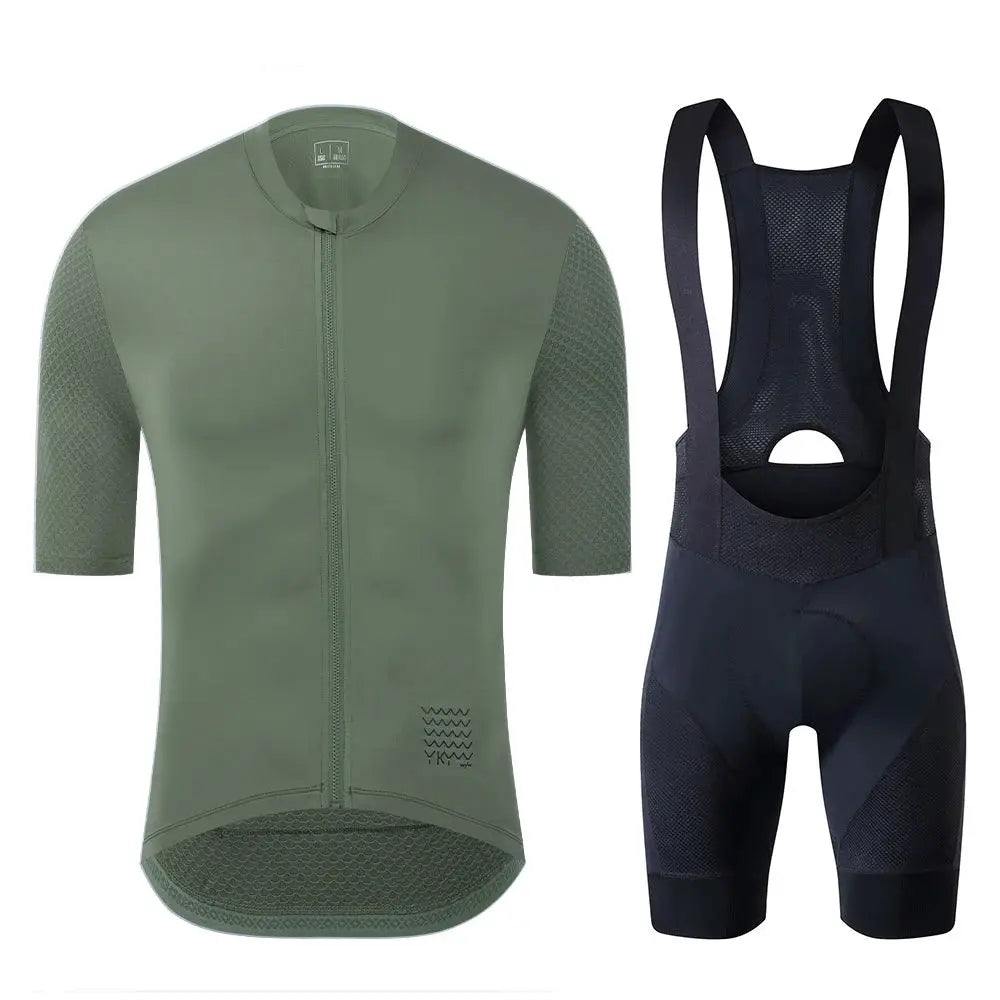 YKYWBIKE cycling jersey set: olive-green short-sleeve jersey with front zipper and black MTB bib shorts