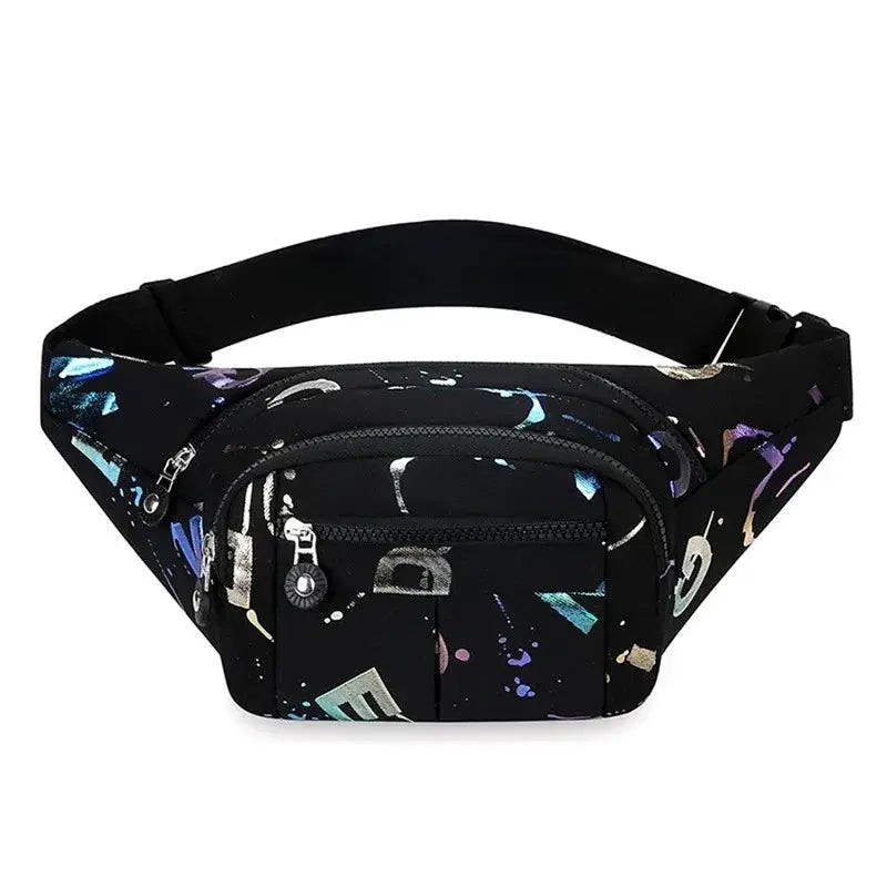 Women's waist bag by Simples Market, black Oxford cloth waterproof fanny pack with multicolor abstract print