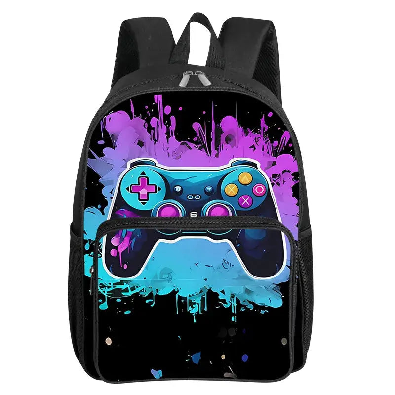 Gamepad-pattern backpack with front pocket, black with colorful controller graphic for kids