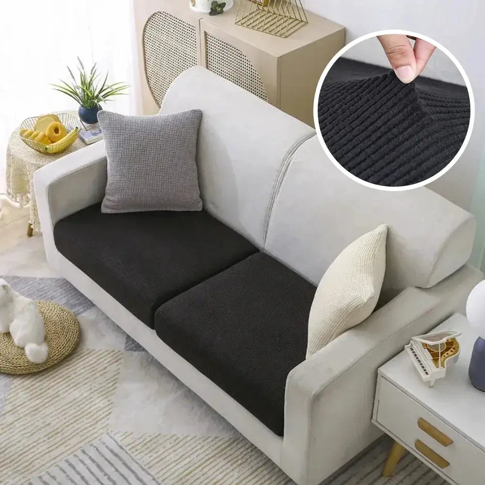 Jacquard Pure Sofa Cover set in black polar-fleece stretch fabric; removable couch protector for light sofa