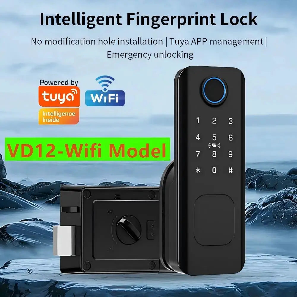 Smart black door lock with keypad and fingerprint sensor; two-piece Tuya WiFi kit.