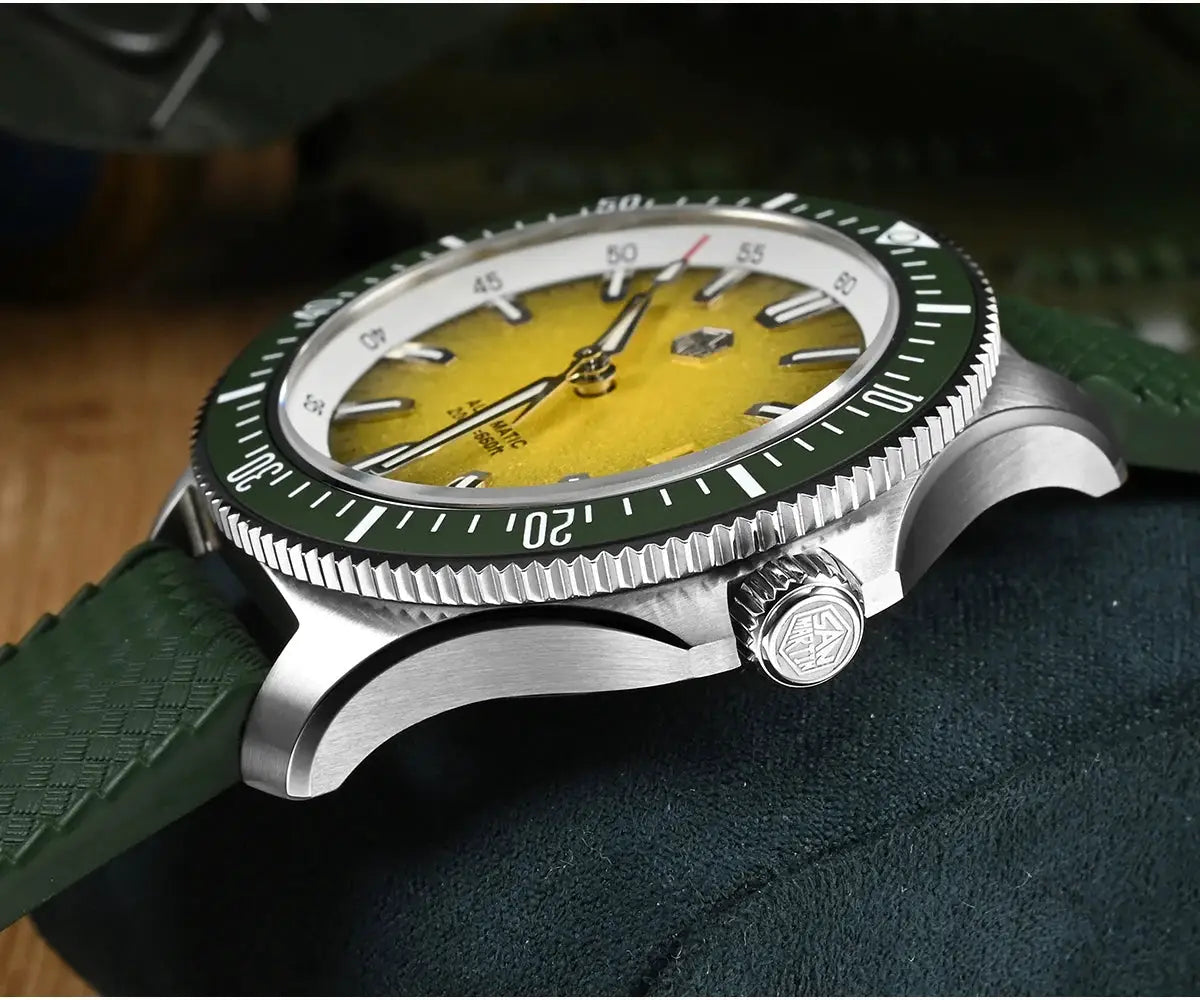 San Martin 40mm dive watch with yellow dial, green bezel, stainless steel case, green strap