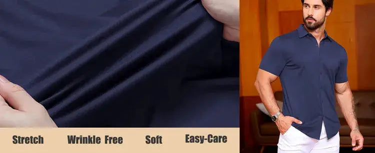 Simples Market men's navy blue short-sleeve dress shirt with wrinkle-free, stretch fabric