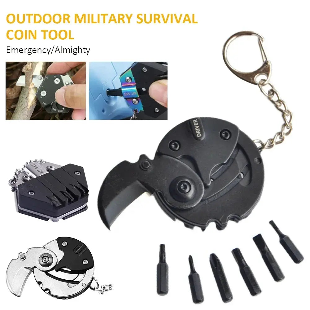 Multifunctional keychain tool with hexagon coin screwdriver, folding knife, and bits, black Simples Market