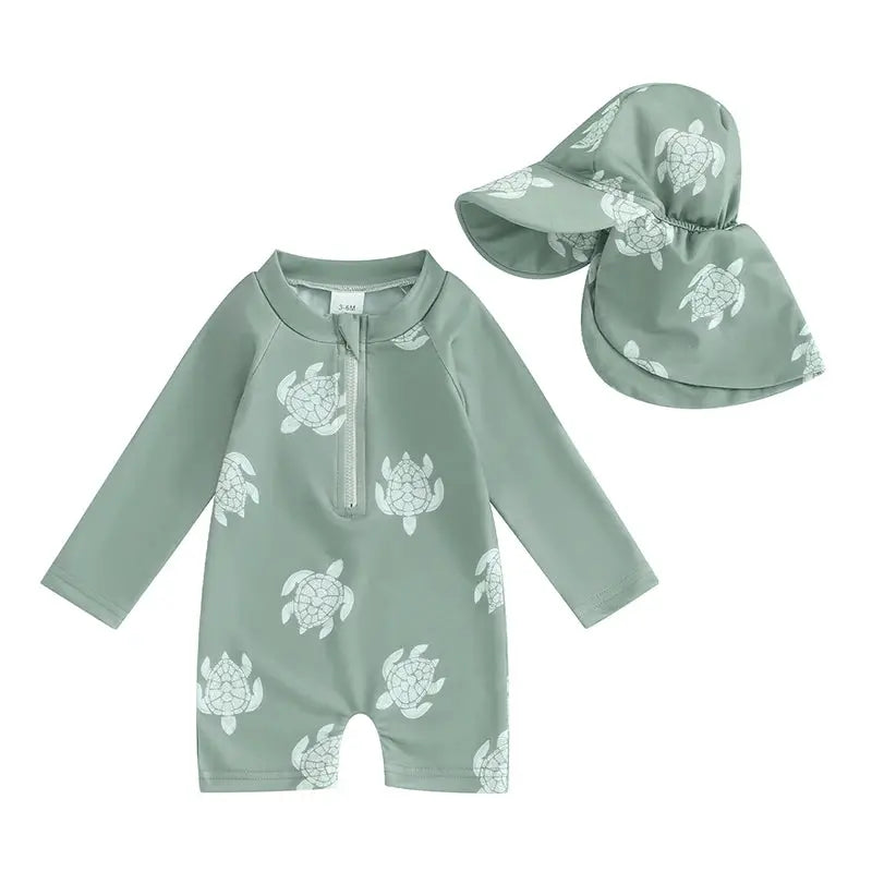Tregren Toddler Boys Rash Guard Swimsuit Long Sleeve Turtle And Dinosaur Print Bathing Suit With Swim Caps Beachwear