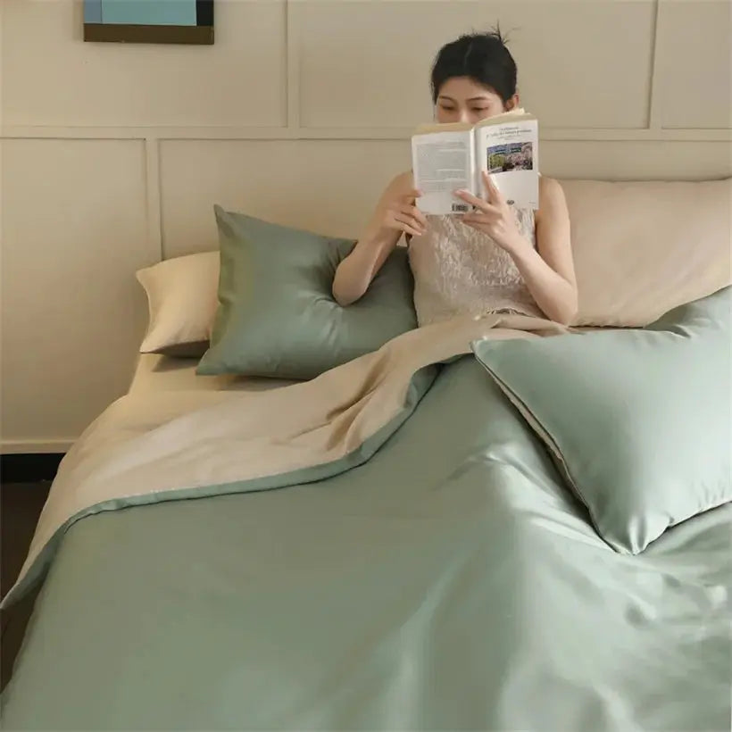 Mulberry silk bedding set with duvet cover, bedsheet and 2 pillowcases in sage green and beige