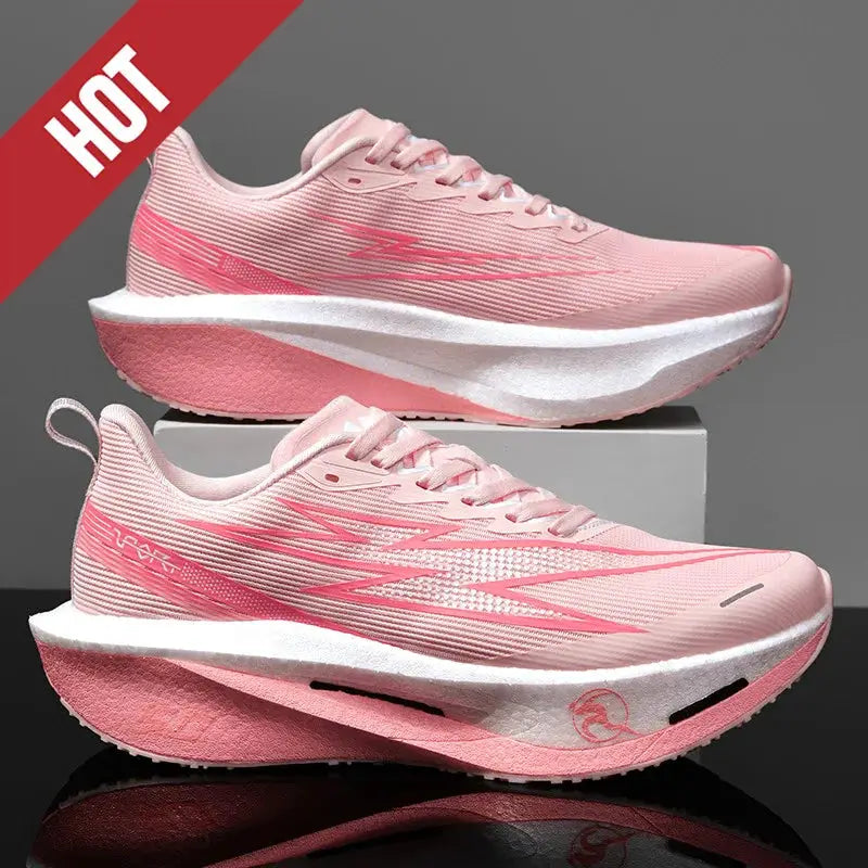 Two pink lightweight running shoes with breathable mesh and air-cushioned midsole
