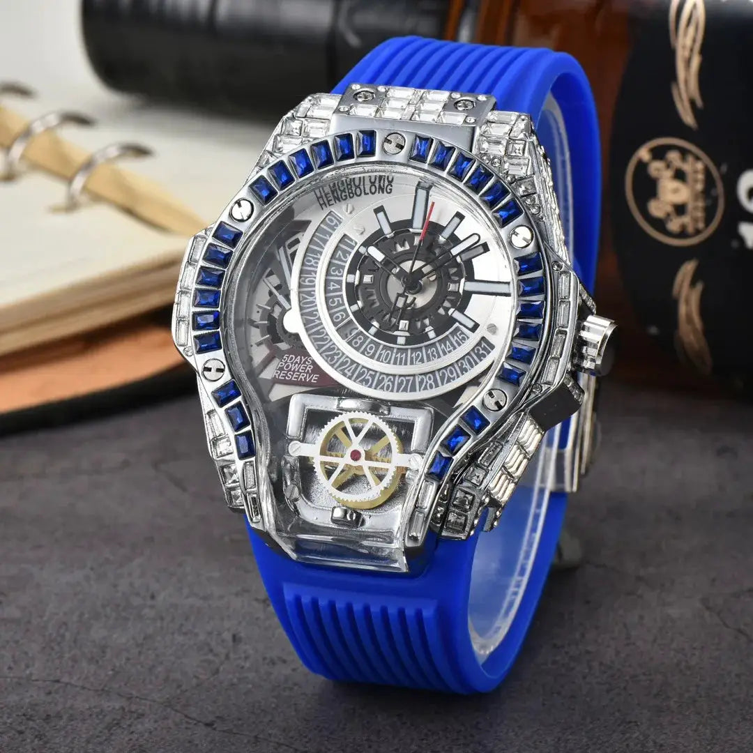 Men's luxury quartz watch with blue rubber strap and diamond-studded case