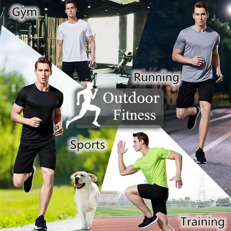 Men's quick-dry short-sleeve gym T-shirt by Simples Market; moisture-wicking lightweight sport top in white, black, gray, and neon green.