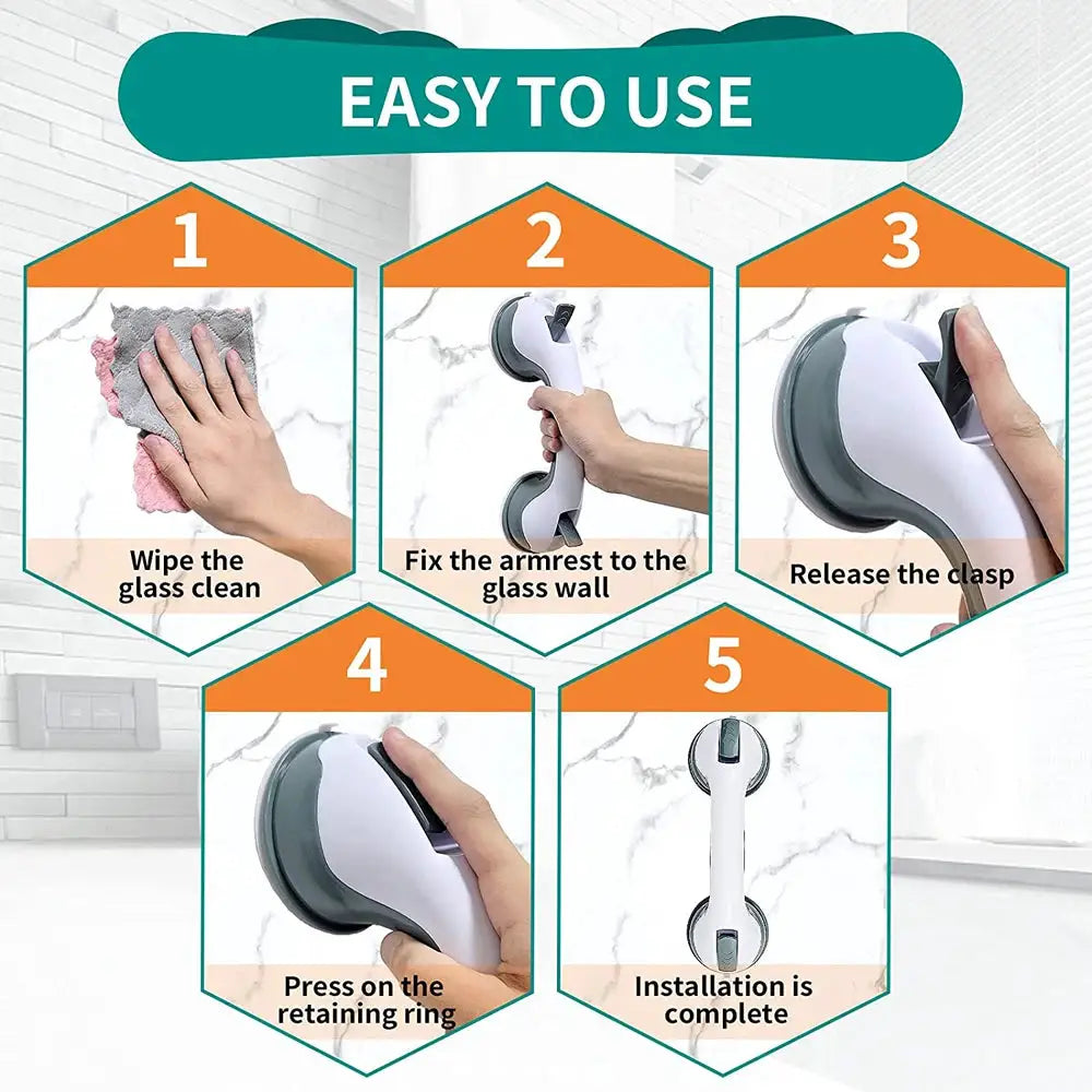 Shower handle grab bar with dual locking suction cups by Simples Market; white and gray anti-slip bathroom safety aid.