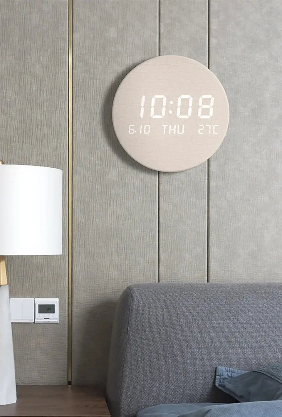 Simples Market LED digital wall clock, round beige finish, displays time, date and 27°C.