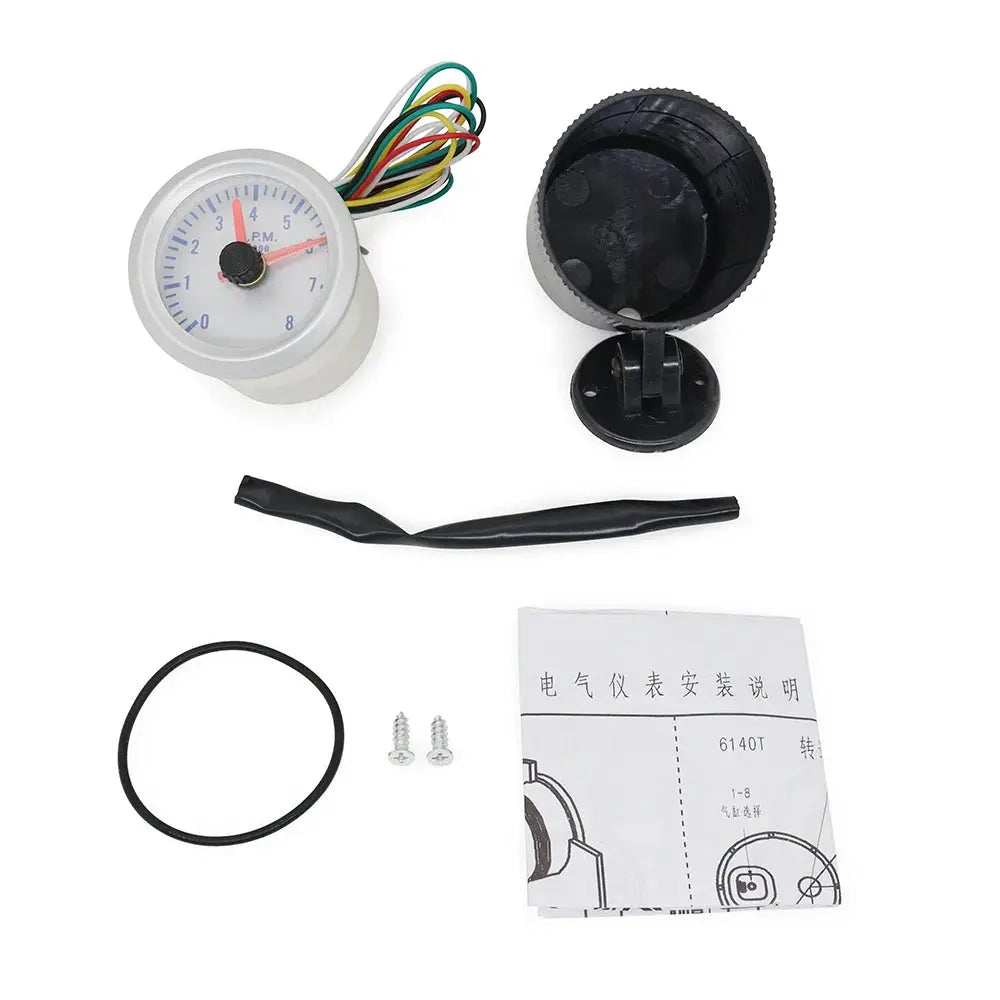7-piece DRAGON GAUGE 2in 52mm LED car gauge kit by Simples Market; white face, wiring, gasket, screws, manual.