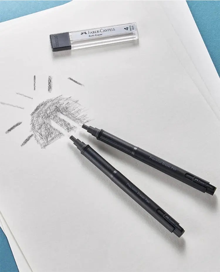 Faber-Castell retractable eraser pens; two black precision eraser pens with a transparent refill tube