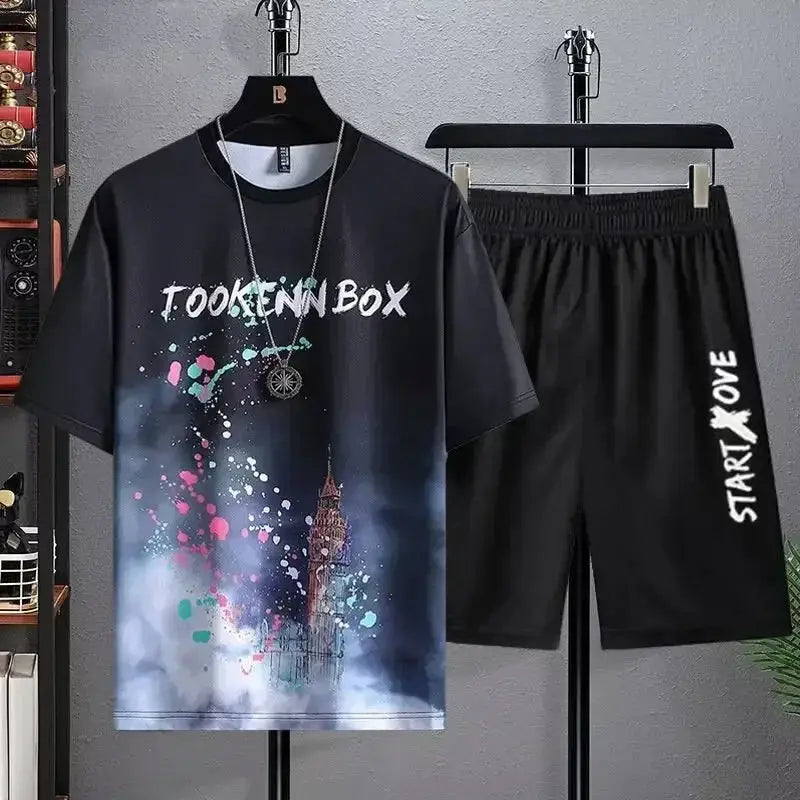 Men Summer Quick Dry Breathable 3D Printed Tee And Shorts Sports Set For Gym And Casual Wear
