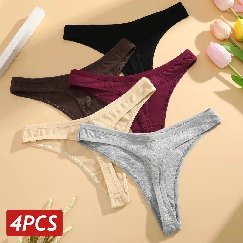 Simples Market 4-pack women's cotton seamless low-rise V-waist thong underwear in solid colors