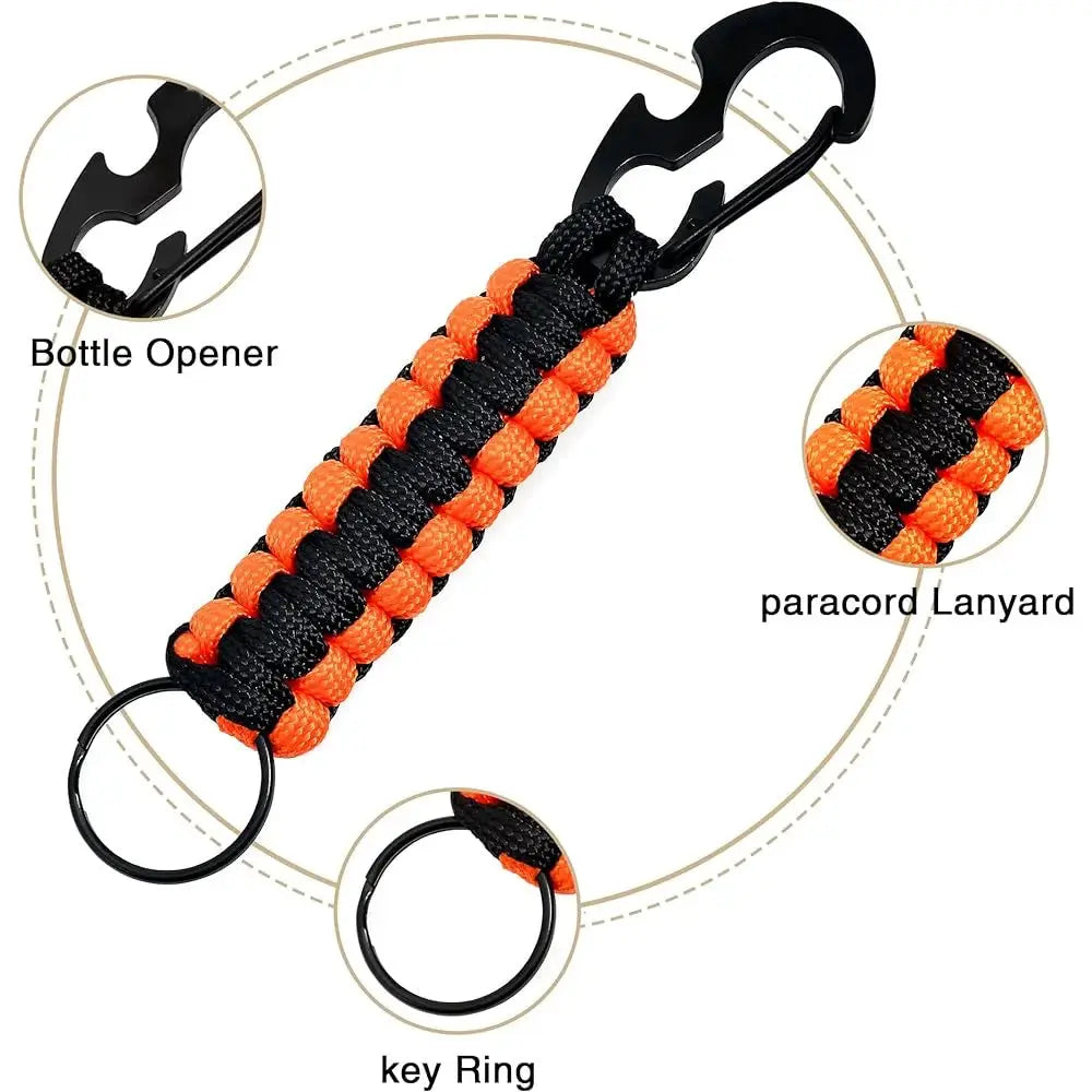 Simples Market paracord keychain with orange and black braided cord, bottle opener, carabiner, and key ring