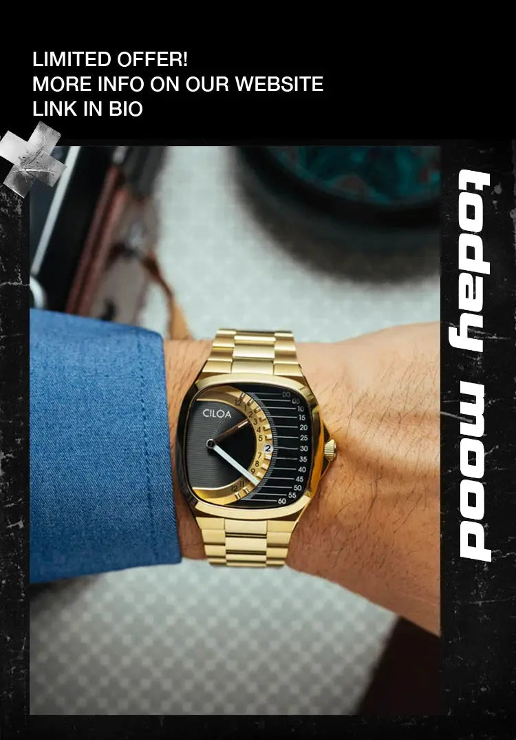 CILOA retro square men's watch with gold-tone stainless steel bracelet and black dial