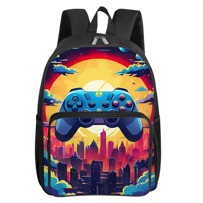 Simples Market GamePad backpack for kids with blue game controller print and colorful cityscape design