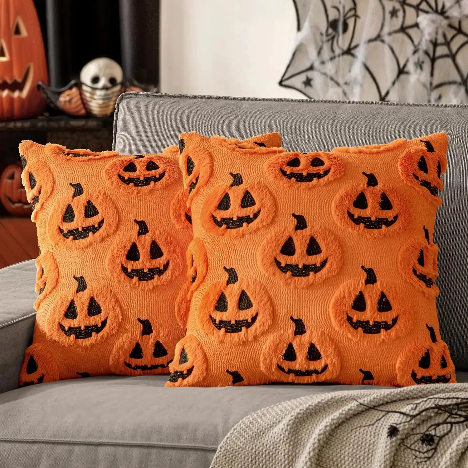 Orange jack-o-lantern throw pillow covers, 2-pack with plush textured fabric for Halloween decor