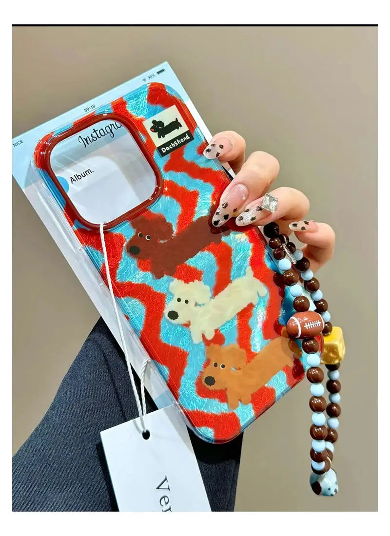 PawCart Cartoon Stripes Dog Chain Case For iPhone 16 15 14 13 12 11 Pro Max Mini Anti Fall TPU Soft Shell With Lanyard