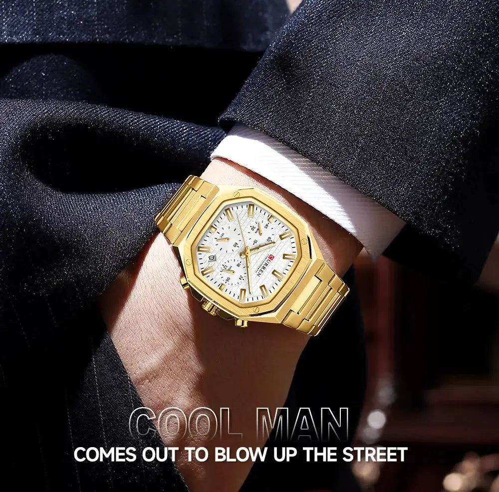 Curren men's gold-tone square stainless steel chronograph watch with white dial and date window on a suited wrist.