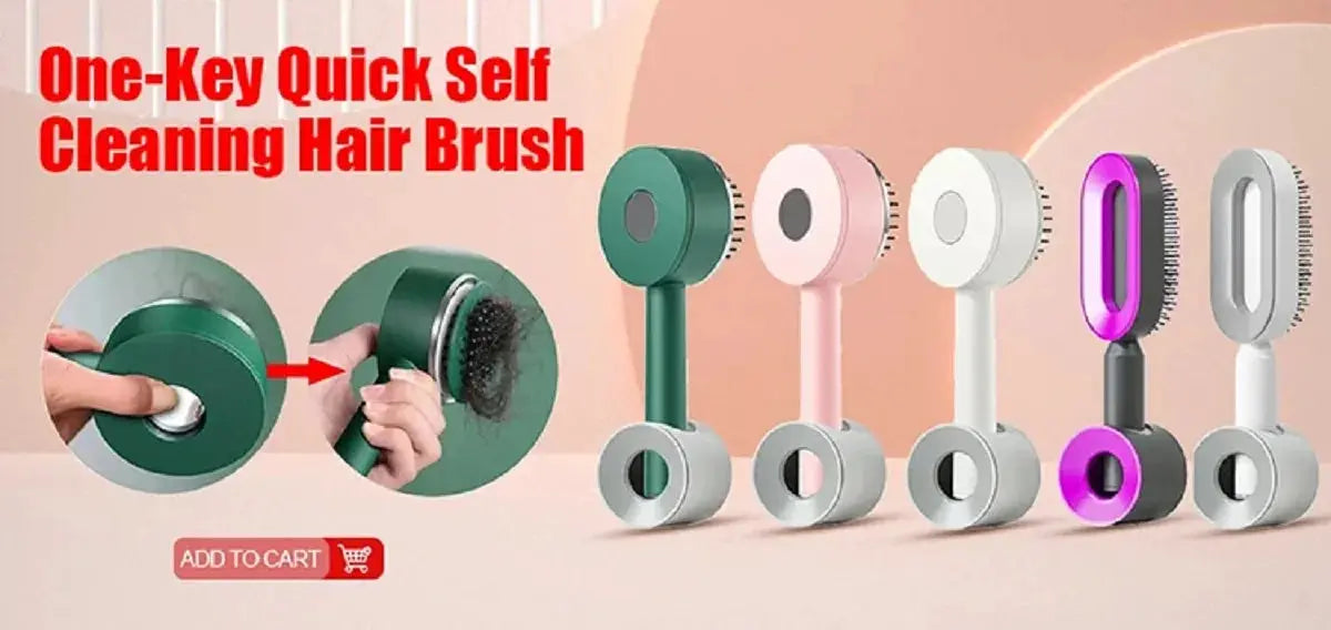 Six-piece One-Key Quick Self-Cleaning Hair Brush set in green, pink, white, purple and gray.