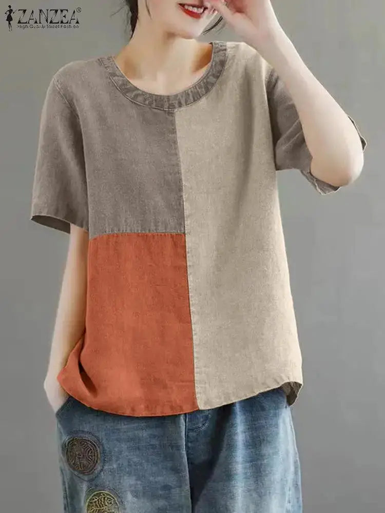 ZANZEA Women Patchwork Blouse Cotton Linen Short Sleeve Round Neck Top