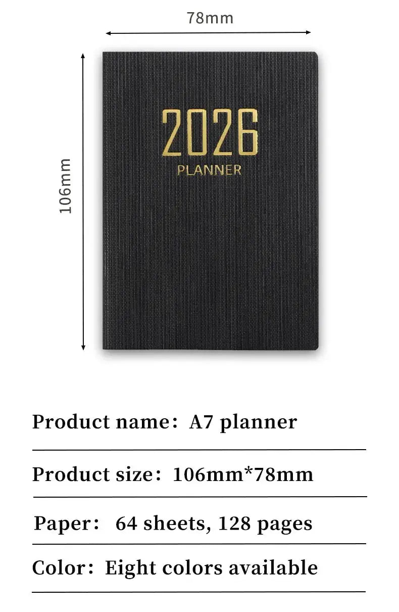 Simples Market A7 planner, black textured cover with gold 2026 PLANNER, mini pocket size, 64 sheets/128 pages
