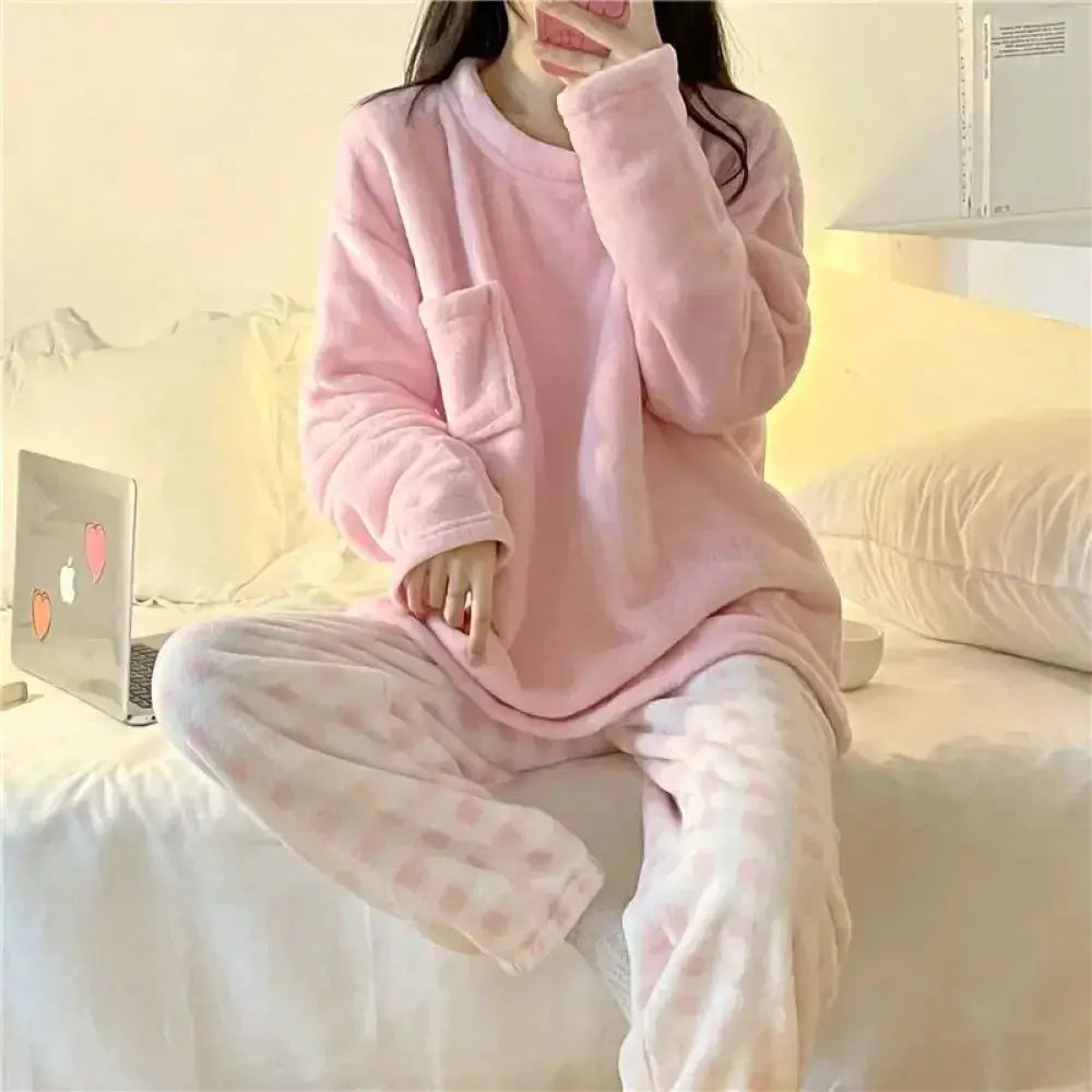 CozyNest Fleece Thick Warm Womens Pajama Set With Solid Top And Plaid Ankle Length Pants