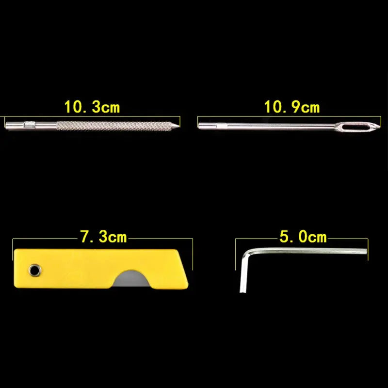 Car tire repair kit with four tools including metal puncture tools and a yellow plastic piece