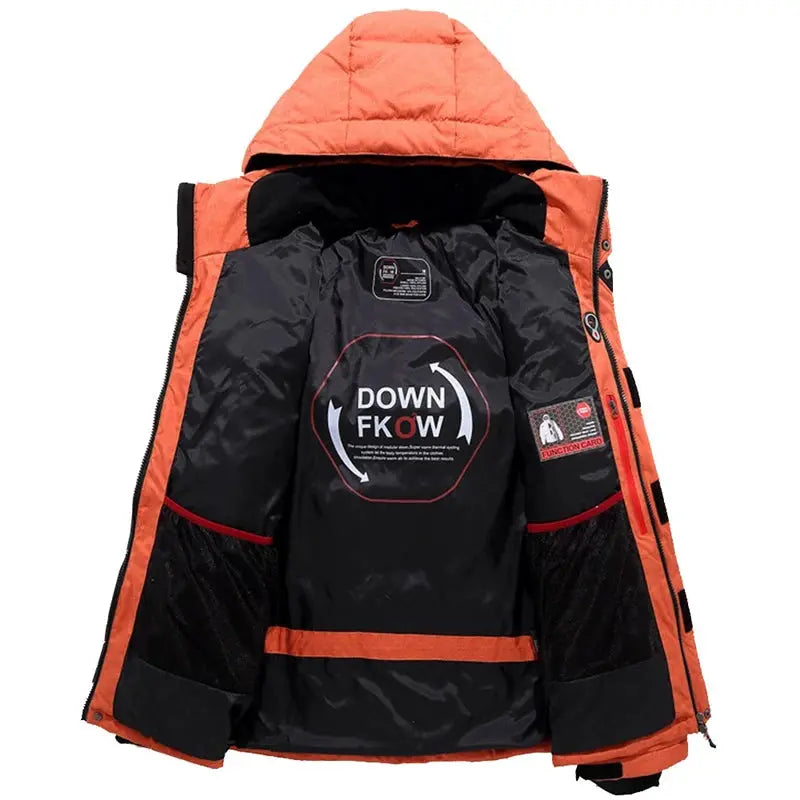 Men's orange hooded down jacket by Simples Market, thick padded snow coat with black lining