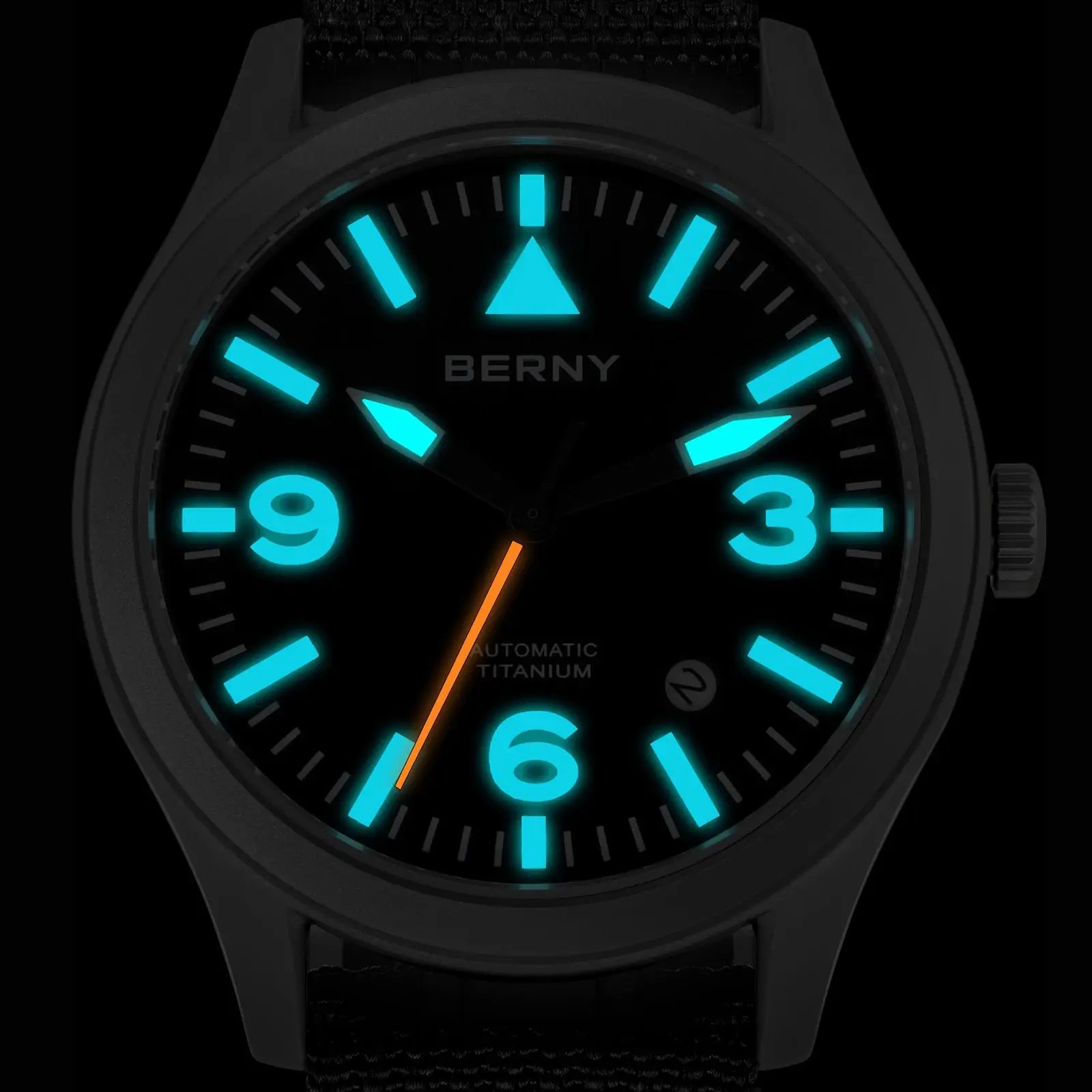 BERNY full titanium automatic men's watch with luminous turquoise markers and orange second hand