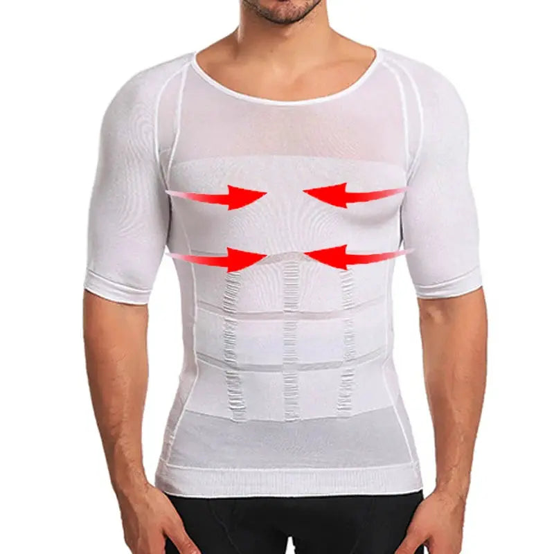 Men's white body shaper compression undershirt with abdomen panels by Simples Market