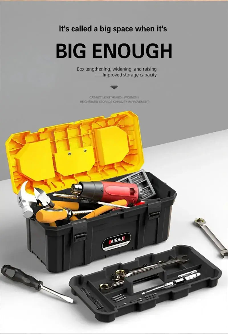 AIRAJ black ABS plastic tool storage box with yellow removable tray, opened to reveal drill and hand tools