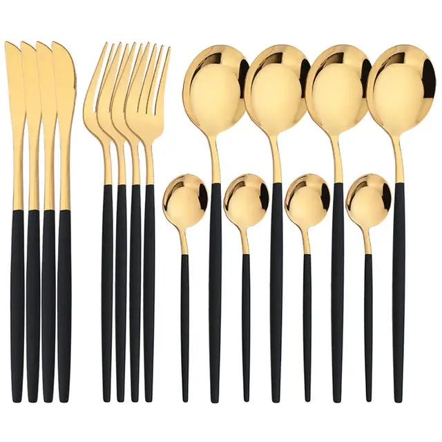 NovaLux Black Stainless Steel 16 Piece Cutlery Set With Mirror Finish For Modern Dining