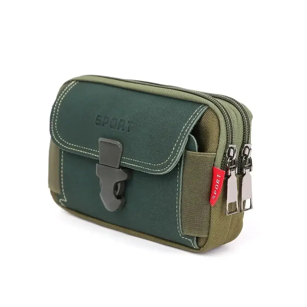 Simples Market unisex belt pouch phone holster bag in green front panel with olive sides and red SPORT tag