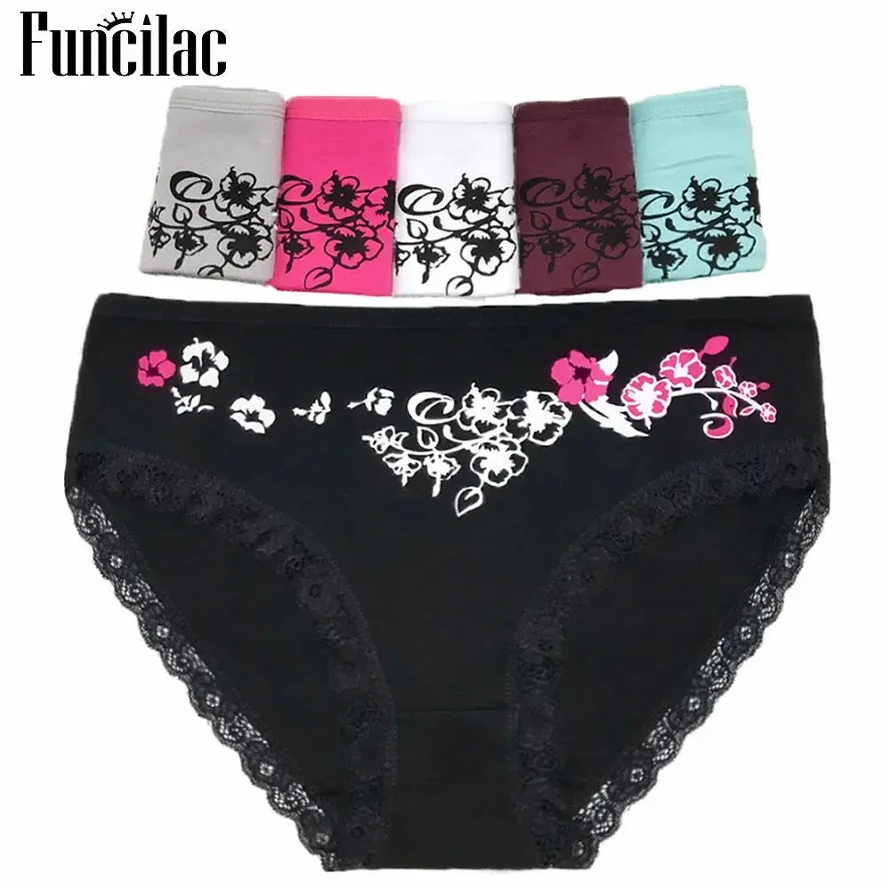 Women's cotton briefs set by Simples Market, 6-pair mid-rise with floral print and lace trim; Funclac logo visible.