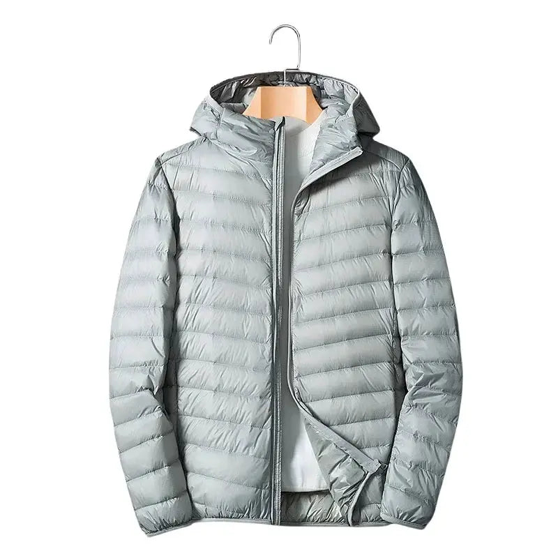 UETEEY ultralight men's down jacket with hood, light gray quilted puffer coat