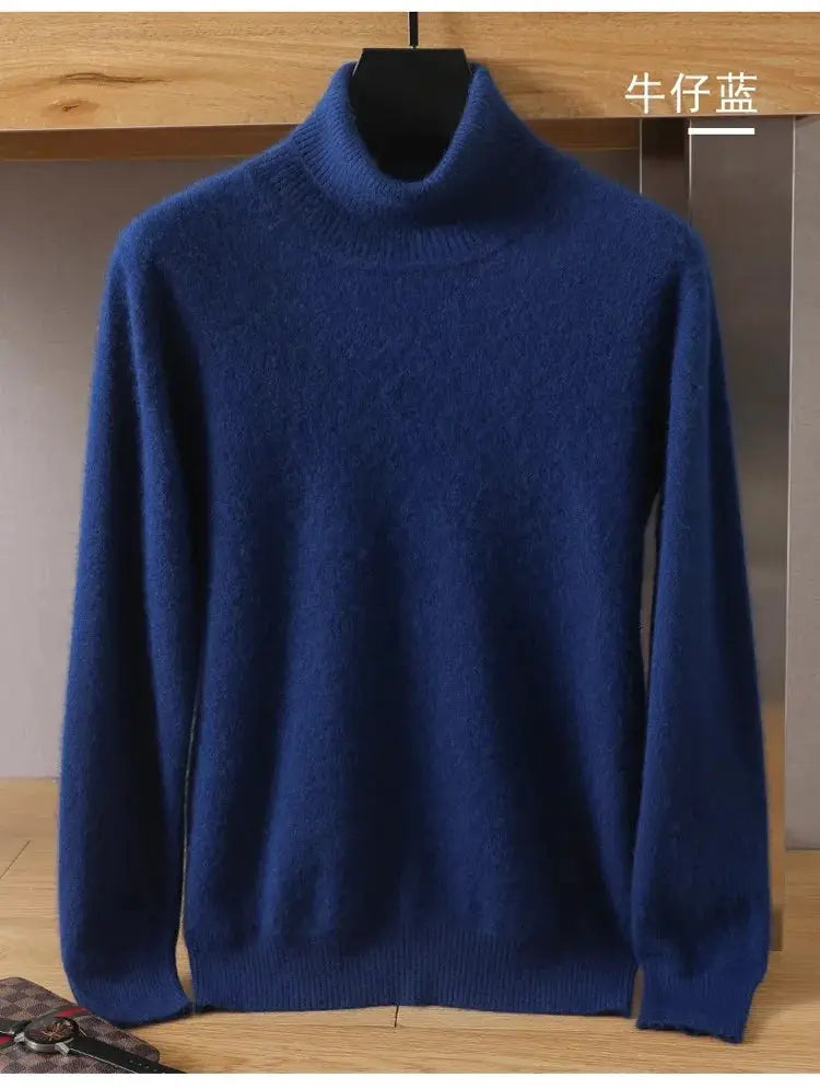 Men's royal blue mink velvet cashmere sweater, long-sleeve knitted high-neck pullover
