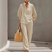 Cotton Linen Pant Set Women Stand Collar Button Top Wide Leg Trousers