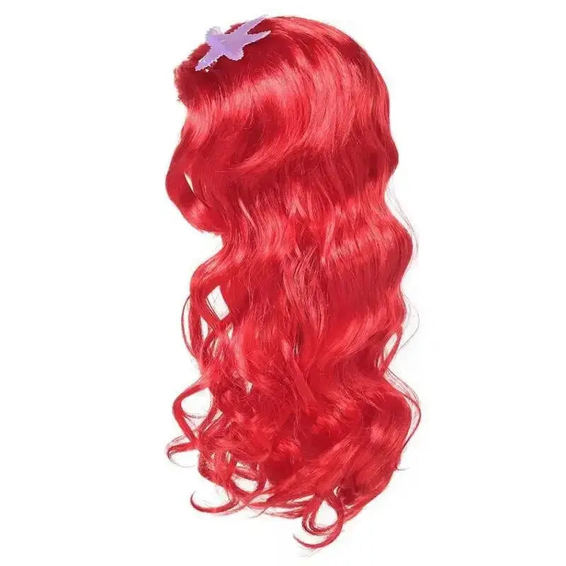 Mermaid wig for girls, long red wavy synthetic hair with a starfish hair clip
