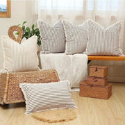 Wool striped cushion covers in cream with black stripes, square fringe-edged pillow covers for living room decor