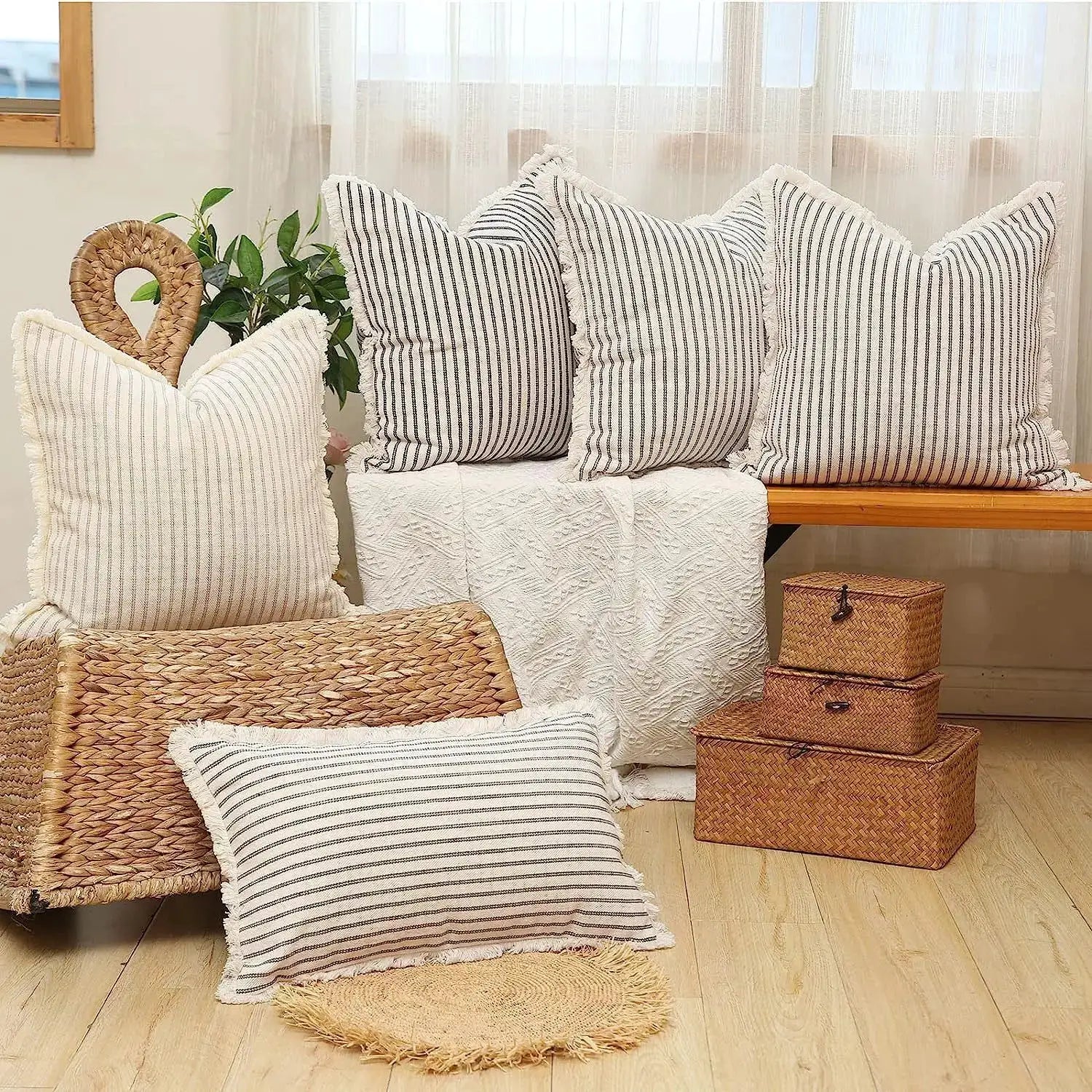 Wool striped cushion covers in cream with black stripes, square fringe-edged pillow covers for living room decor