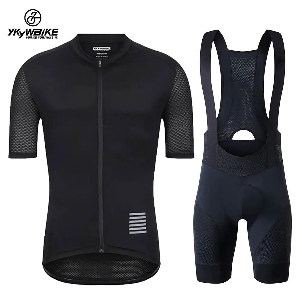 YKYWBIKE two-piece cycling jersey and bib shorts set in black with mesh panels.