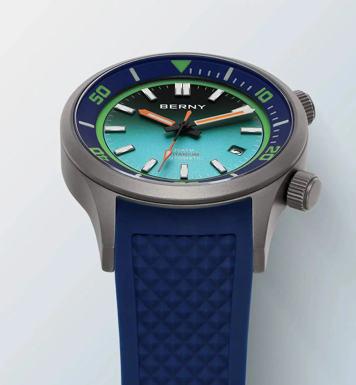 BERNY 20ATM titanium automatic diver watch for men with blue textured silicone strap and teal gradient dial.