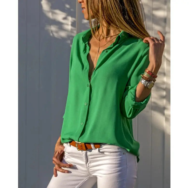 Autumn shirt women's green button-down blouse with collar and rolled sleeves.