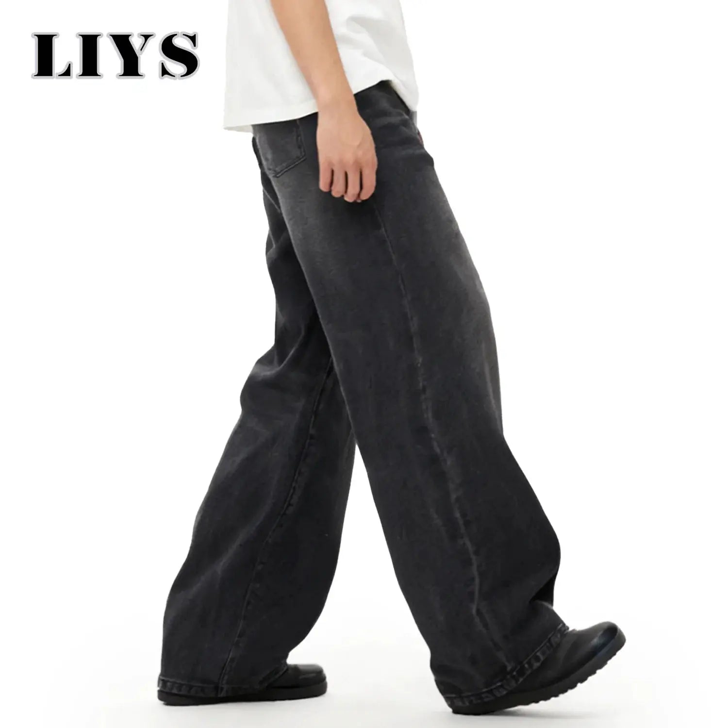 Men's loose wide-leg denim jeans in gray/black, baggy casual pant; LIYS logo visible