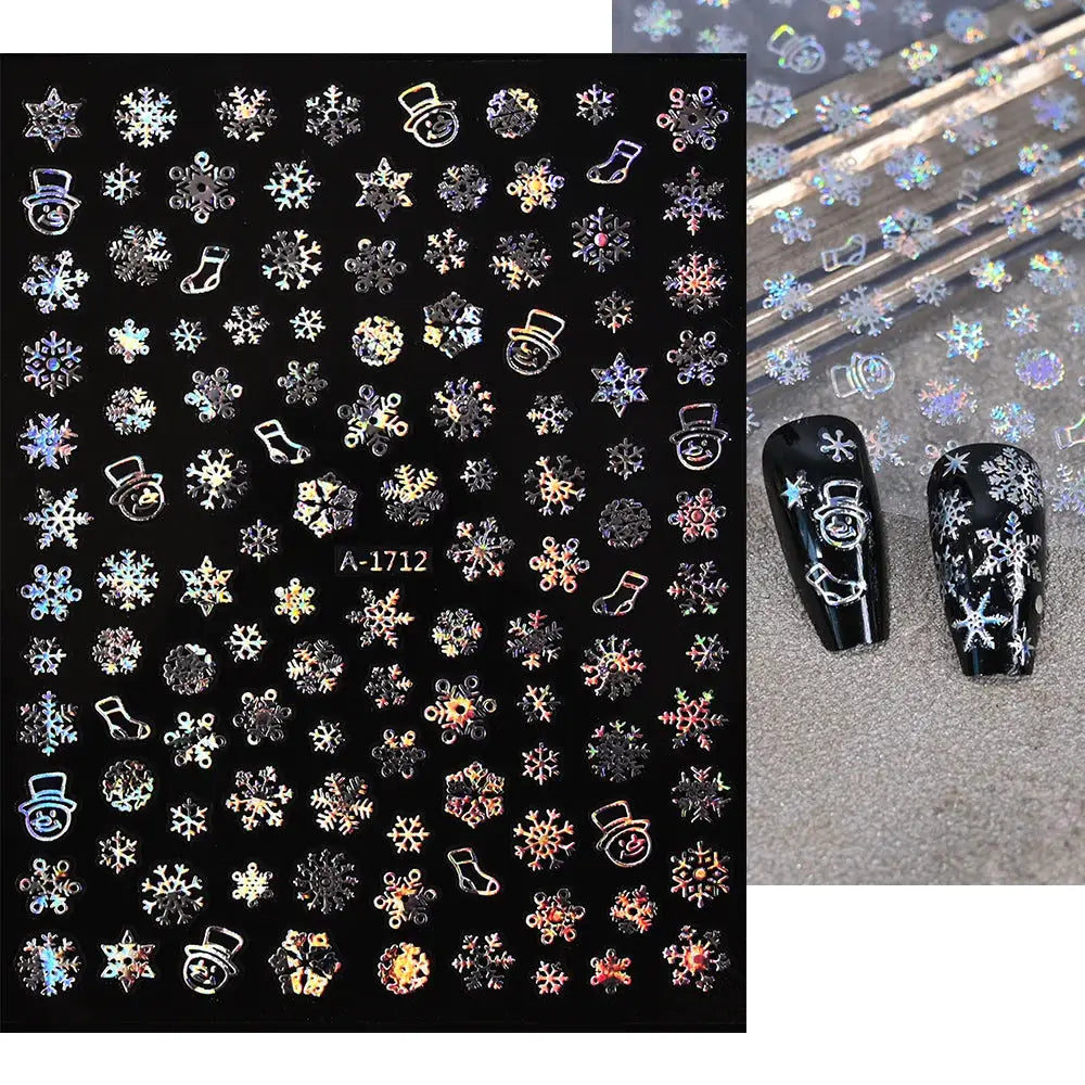 Winter Christmas nail sticker sheet with holographic snowflakes and snowmen, self-adhesive for cute nail art.