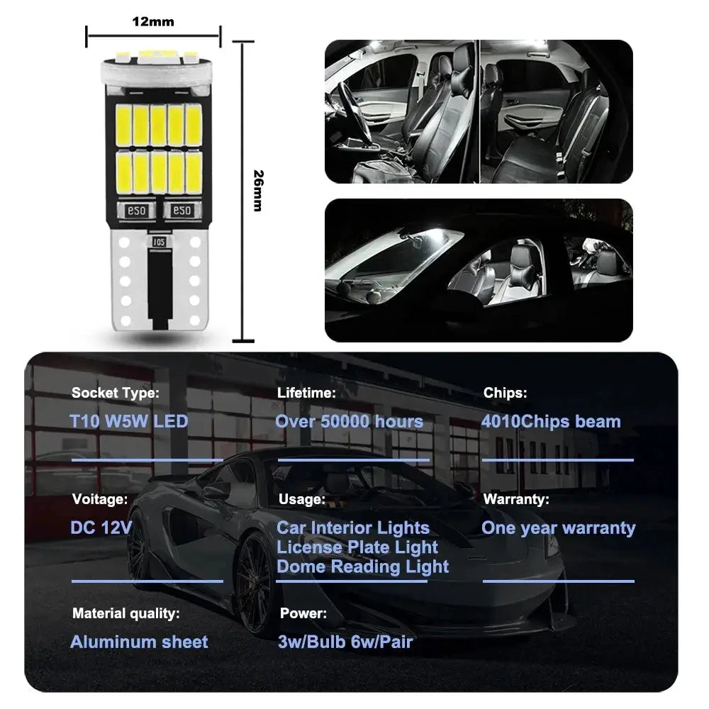 10 Piece W5W T10 LED Bulbs 4014 SMD 6000K Canbus Compatible For Car Interior Dome Reading License Plate Signal Lights